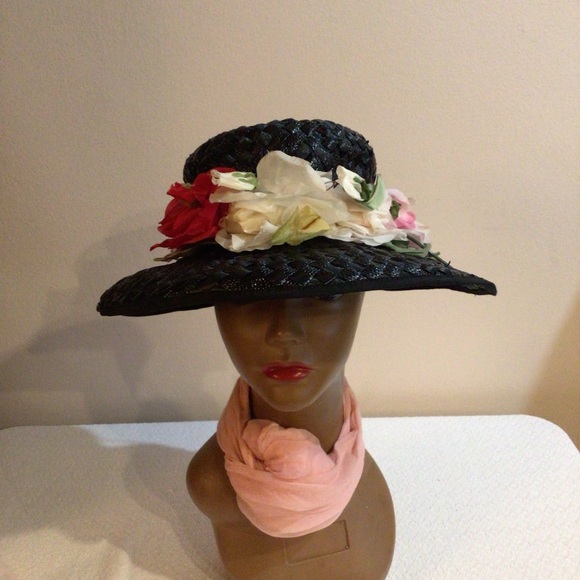 Ladies Rattan Black Vtg Hat - Picture 4 of 5